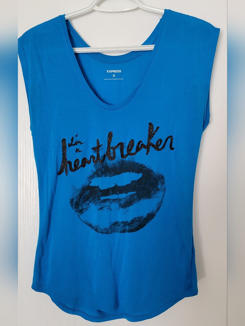 Express Blue 'Heartbreaker' Graphic Tank with Lip Print, Sz, XS